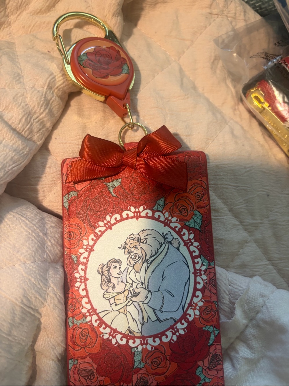 Loungefly Red Belle & Beast Floral Card Holder with Bow and Gold Clip